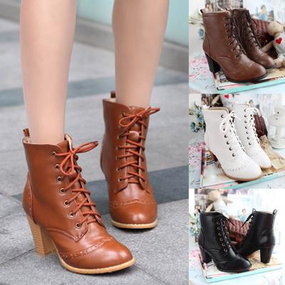 Women Fashion Lace-Up Boots Casual Large Size Thick Heels Single Boots
