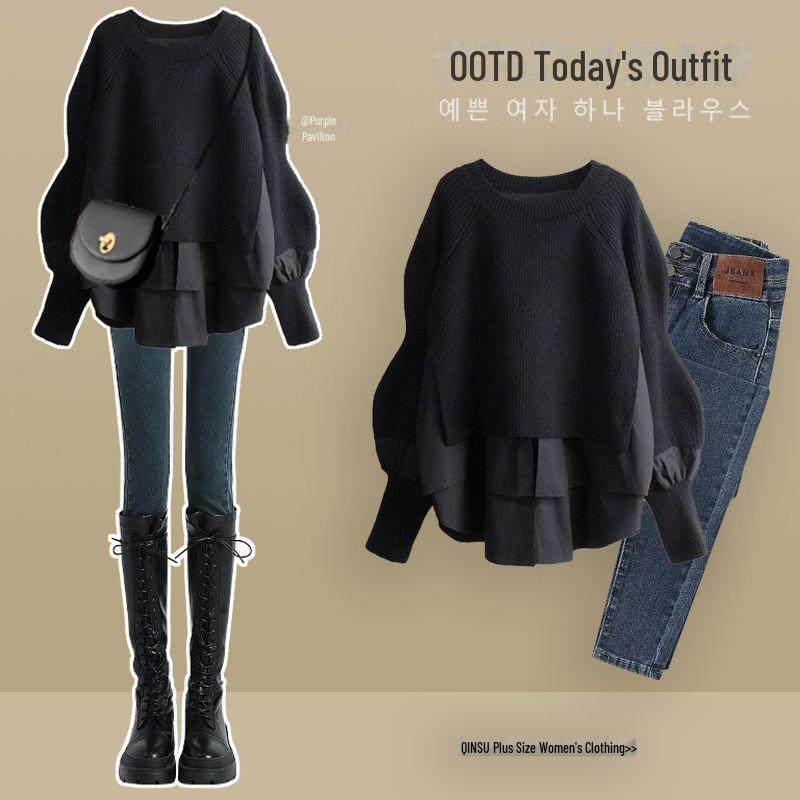 2024 Plus Size Women's Autumn Two-Piece: Elegant Shirt Top & Slim Jeans