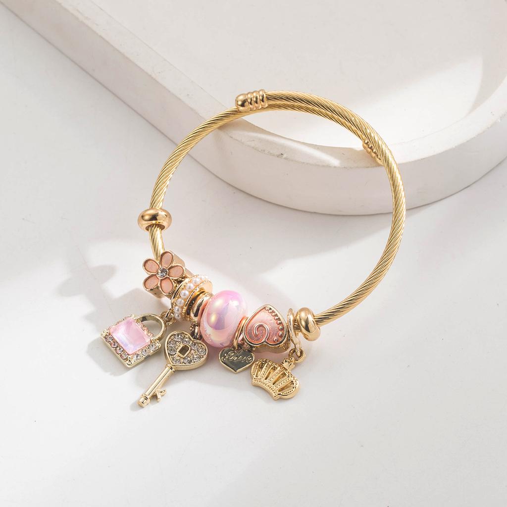 Adjustable Crown Key Charm Beaded Bangle Stainless Steel Alloy Pendant Bracelet for Women Girls