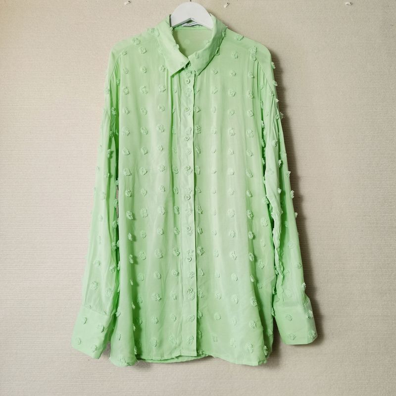 

Original Order Leftover Stock Tencel Jacquard Fabric White Long Sleeves Shirt for Women Casual Easiest for Match Shirt Bottoming Shirt Sun Protection Onion green blemish 46
