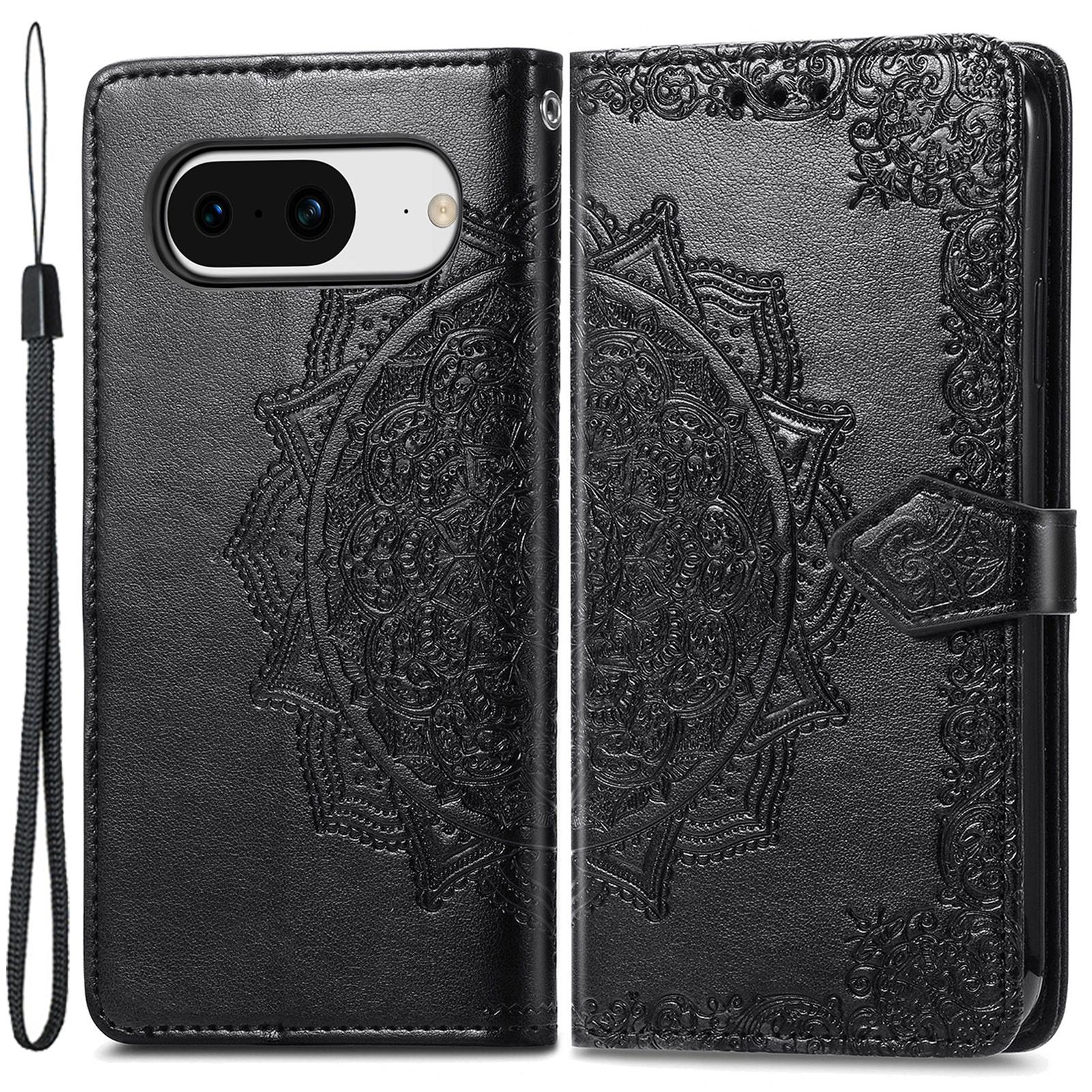 

For Google Pixel 8 Collision Resistant PU Leather Stand Wallet Embossed Mandala Pattern Cover Black