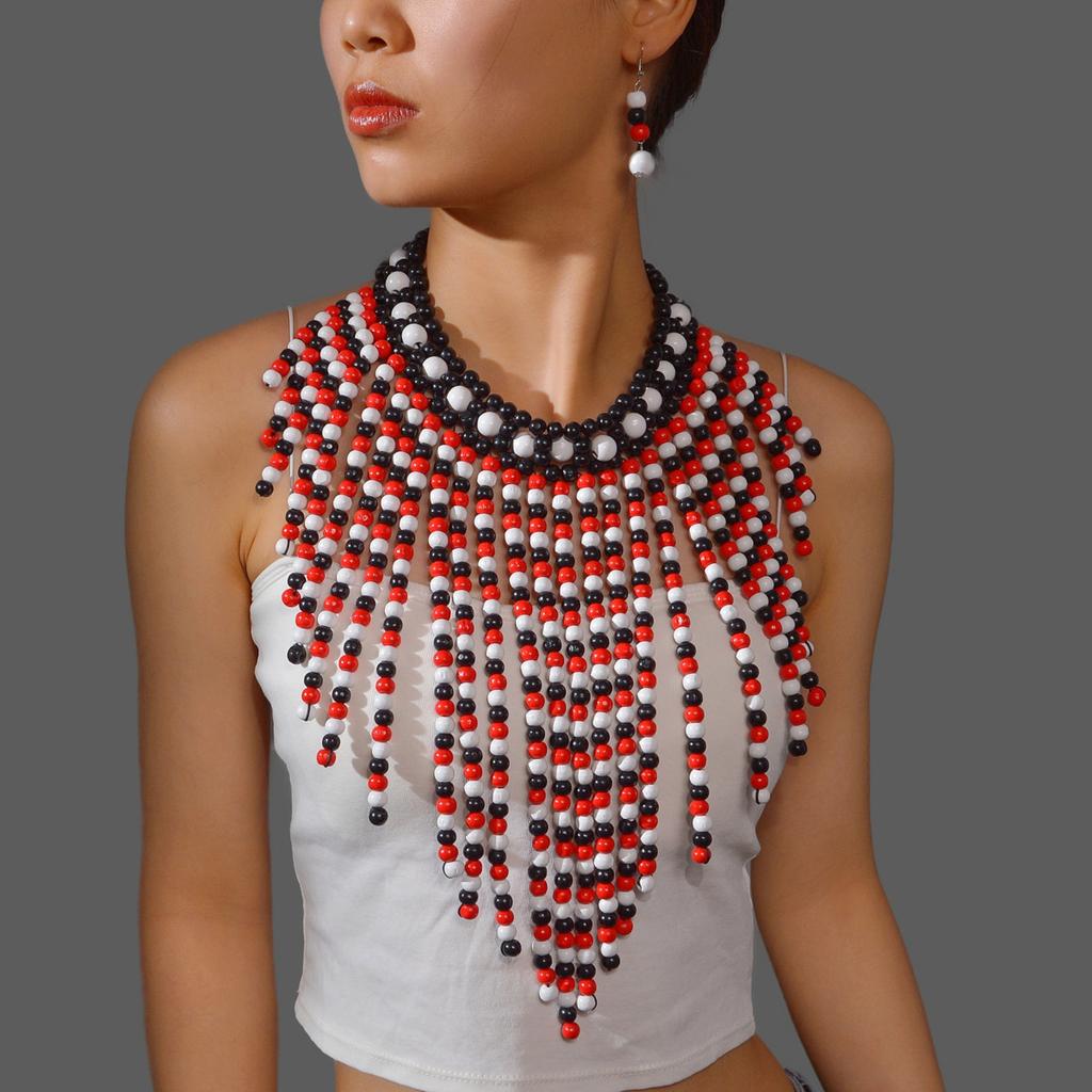 Afrikanisches Schmuckset Bohemian Retro Ethno Handgefertigt Holz Gewebt Perlen Statement Halskette und Ohrringe Damen Party Zubehör
