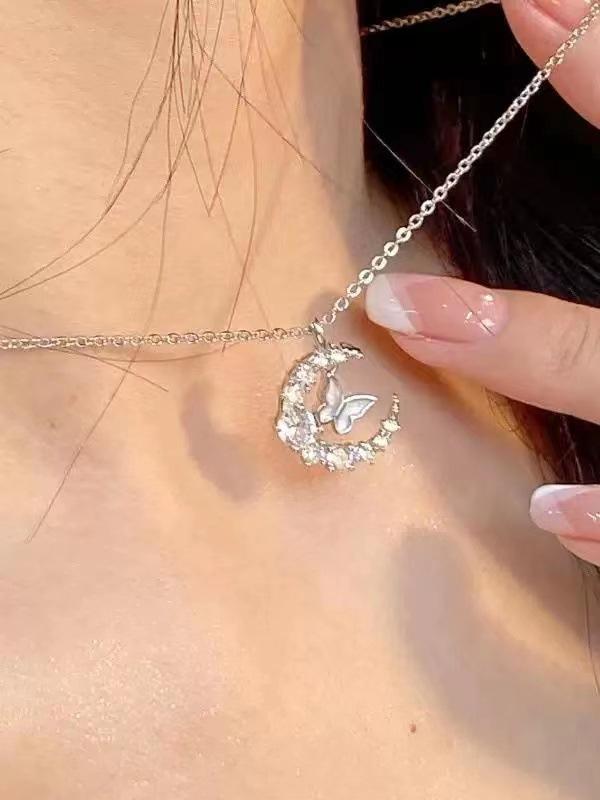 Moon Butterfly Necklace Summer Collarbone Chain With Star Sparkling Zircon Simple And Elegant Minimalist Luxury Unique Gift For Girlfriend