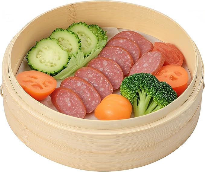 Bambus-Dämpfkorb-Set Enthält 2 Dampfgarer und 1 plus 50 Blatt Spezial-Perfekt zum Dämpfen und andere gedämpfte Handgefertigter Bambus geeignet für (21 cm)