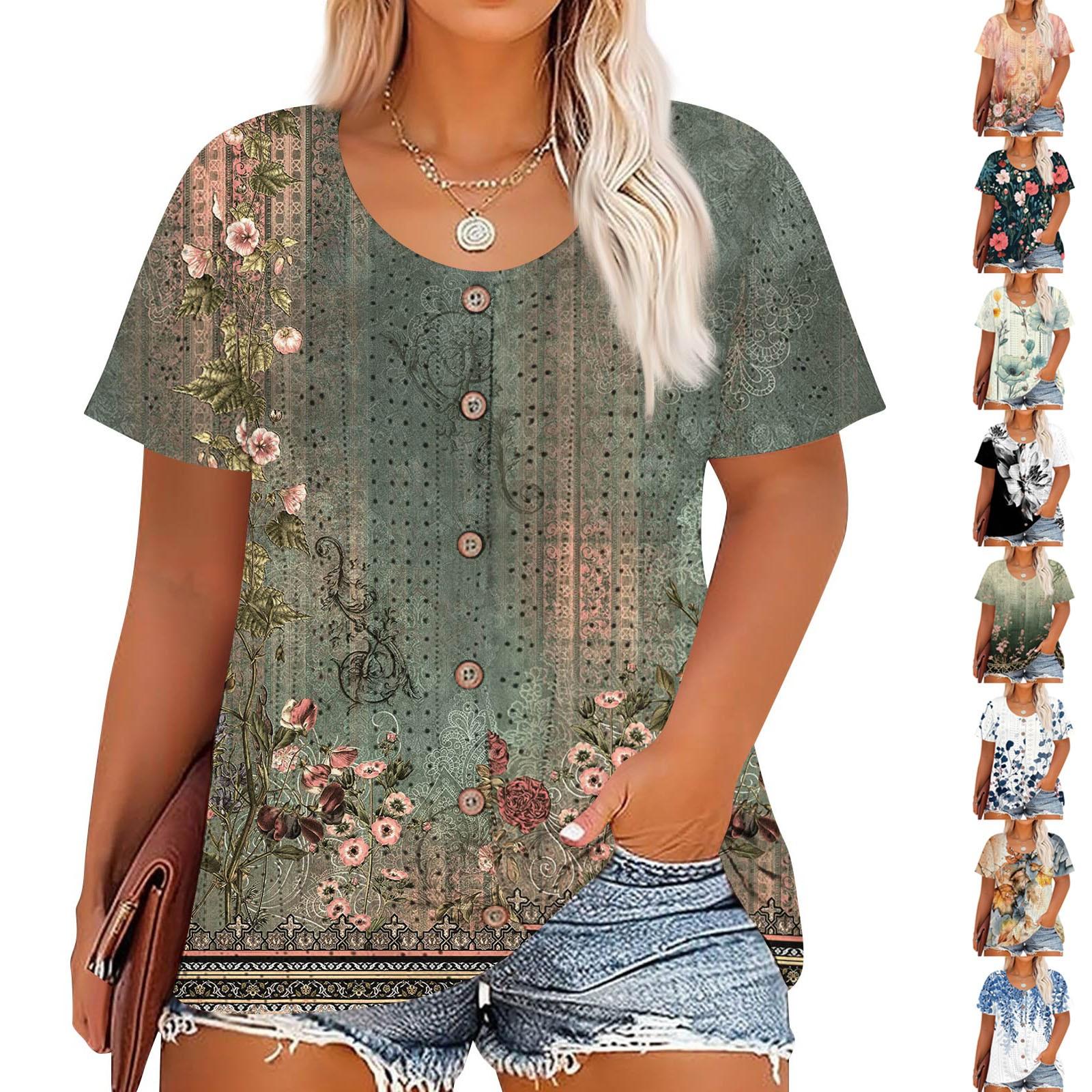 

Plus Size Women s Fashion Casual Vintage Printed O-Neck Short Sleeve Button T-Shirt Top L армія зелений колір