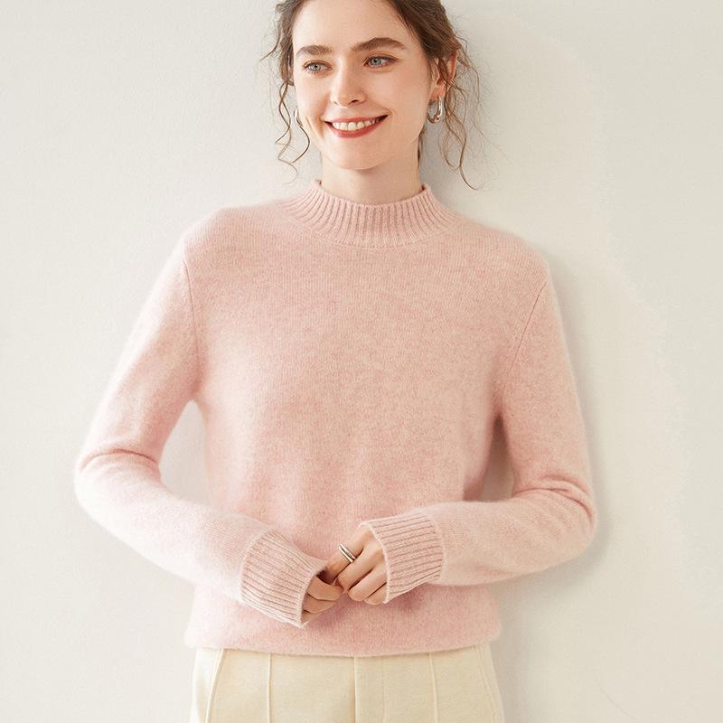 Women's Cashmere Half-High Collar Solid Color Pullover Sweater for Autumn/Winter - Loose, Thickened, Knit Base Layer