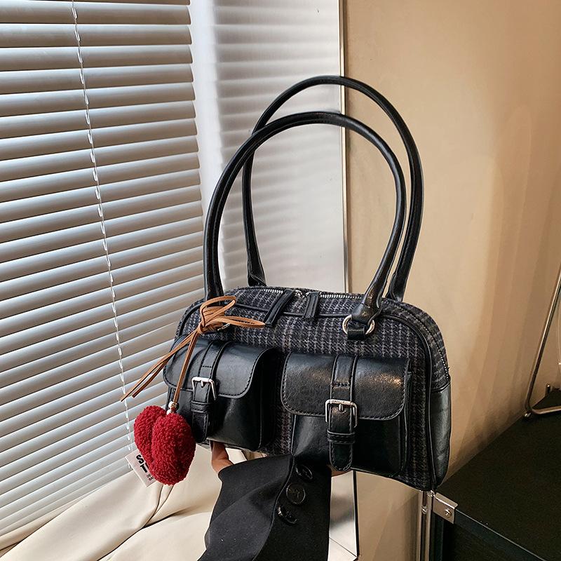 Retro fashion bowling bag women's 2025 autumn and winter new foreign style underarm bag simple plaid handbag shoulder bag
