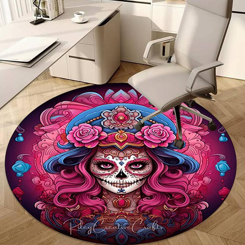 1Pc Day of the Dead Skull Circular Print Rug - Home Decoration Carpet For Living Room Bedroom Flooring Computer Chair Area Rug
