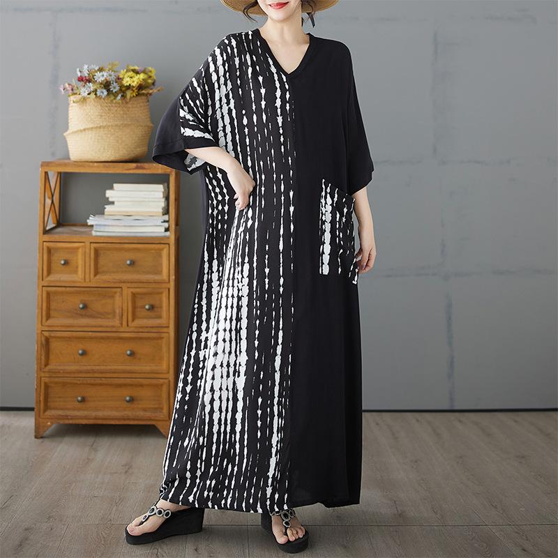 Summer new cotton and linen literary and retro contrasting colors loose V-neck foreign trade dress women's clothing