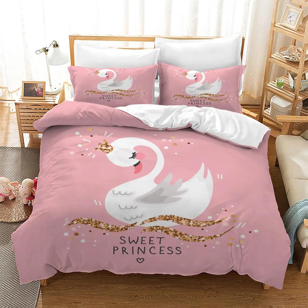 Husă de Plapumă Lebădă Set de Lenjerie de Pat Romantic cu Flori Roz Microfibră Animale de Vis Husă de Plapumă Decor Cameră Mărime Twin King Set 3 Piese