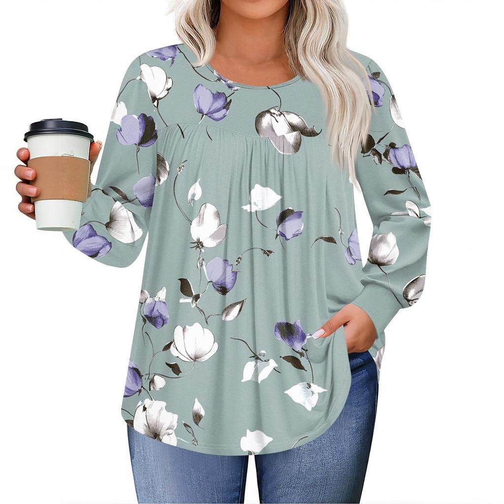 Womens Plus Size Tops Long Sleeve Shirts Round Neck Flowy Tunic Casual Loose Blouse L-5X