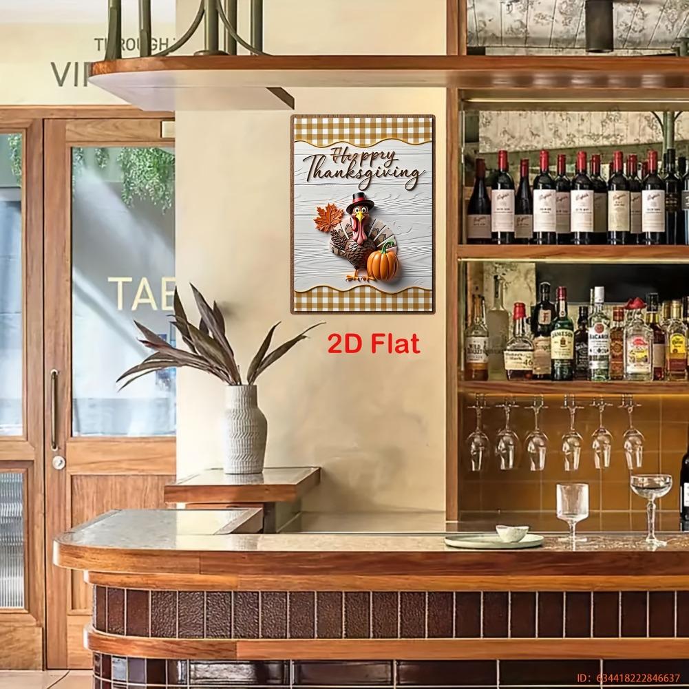 2D Flat, 1pc Vintage Turkey & Checkered Metal Thanksgiving Sign - Rustic Farmhouse Turkey with Gingham Frame - Heavy-Duty Iron