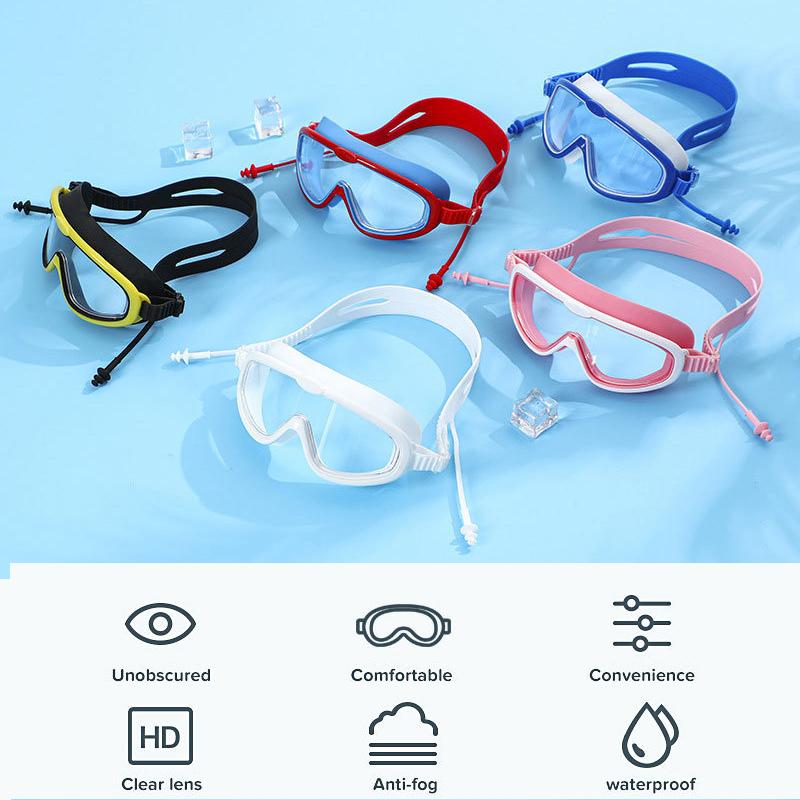 Swimming Goggles for Kids Big Frame Swimming Goggles with Earplugs HD Wide View Anti-Fog Swimming Goggles Eyewear No Leaking