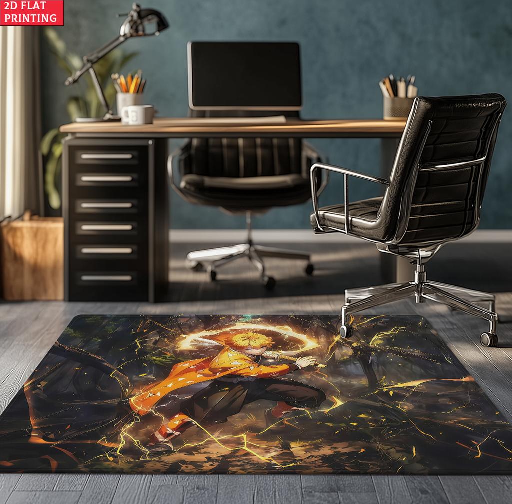 Anime Swordsman Area Rug, Blue Water Wave Theme  Floor Mat, Decorative Carpet for Gaming Room Bedroom, Washable Home Decor Gift