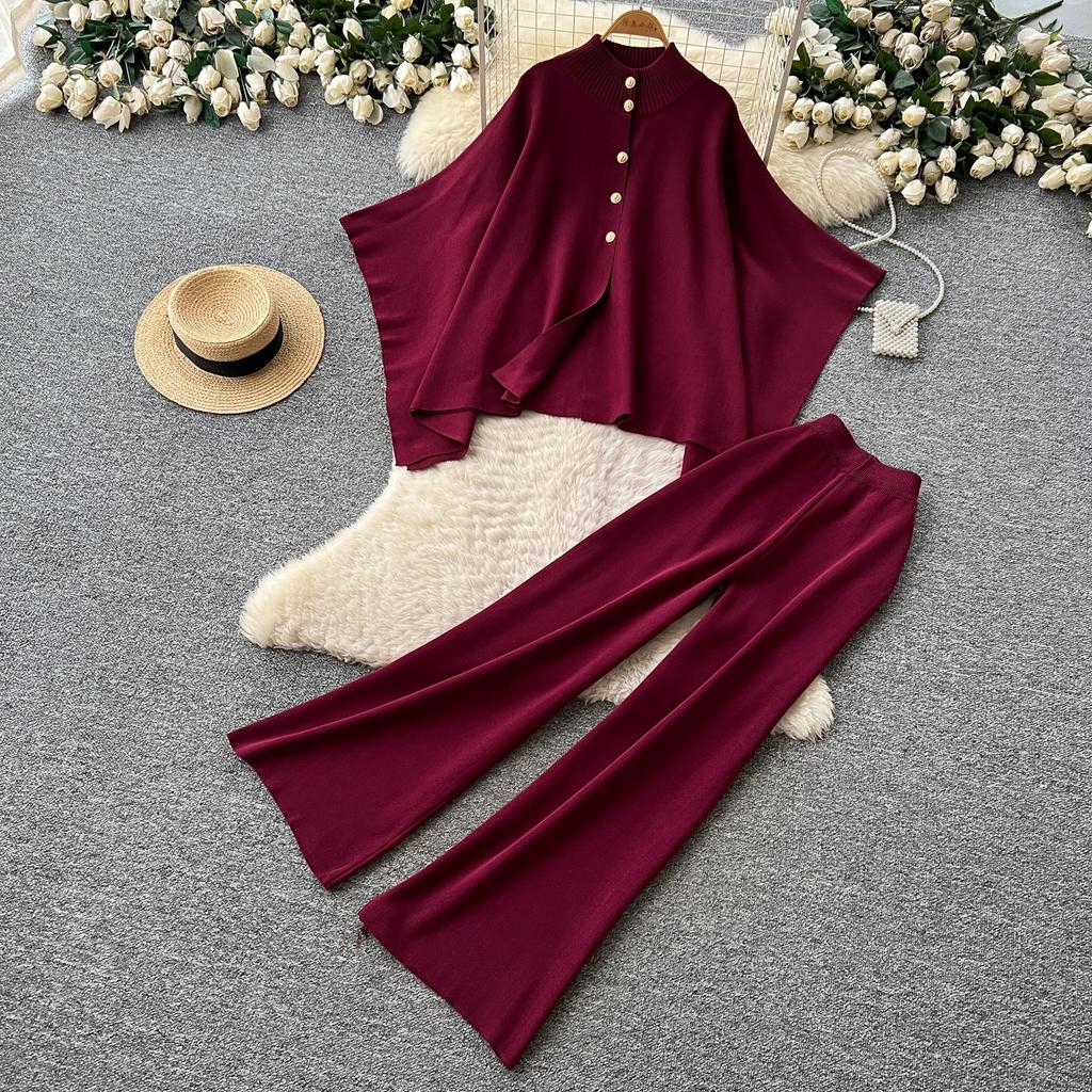 Casual Loose-Fit Batwing-Sleeve Knit Cardigan and Wide-Leg Pants Two-Piece Set for Women 2026 Fall Winter Cape Sweater  Elegant Lady Pants Outfit