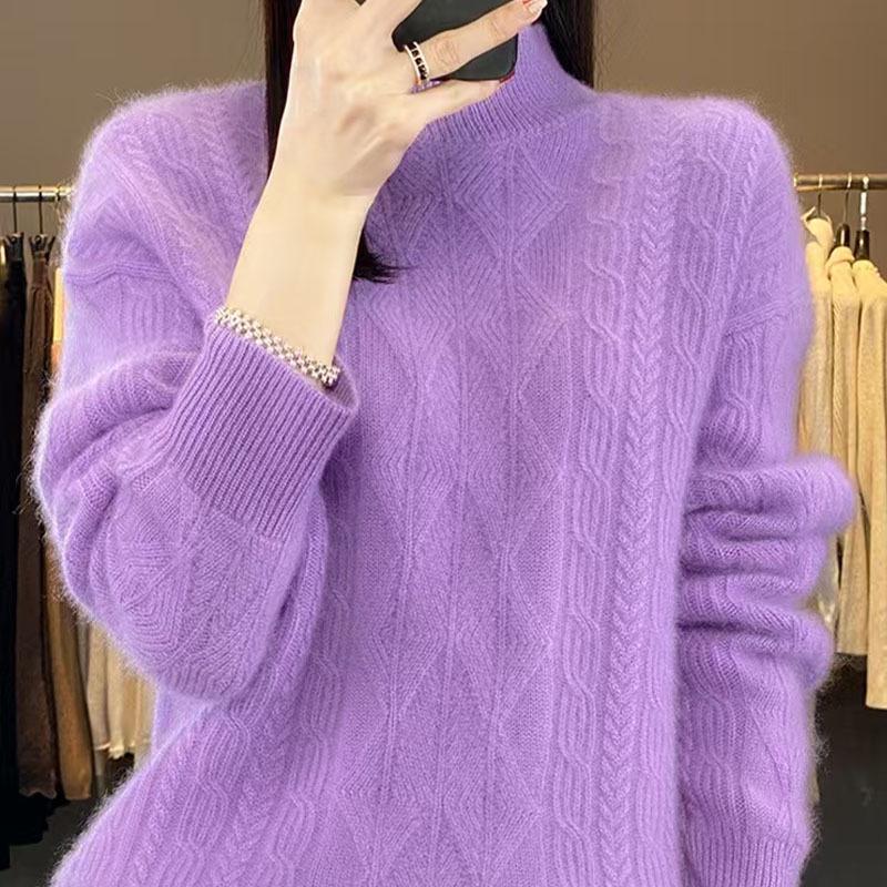Women's Half-High Collar Cable Knit Wool Sweater - Long Sleeve, Loose Fit, Versatile, Thickened for Autumn and Winter.