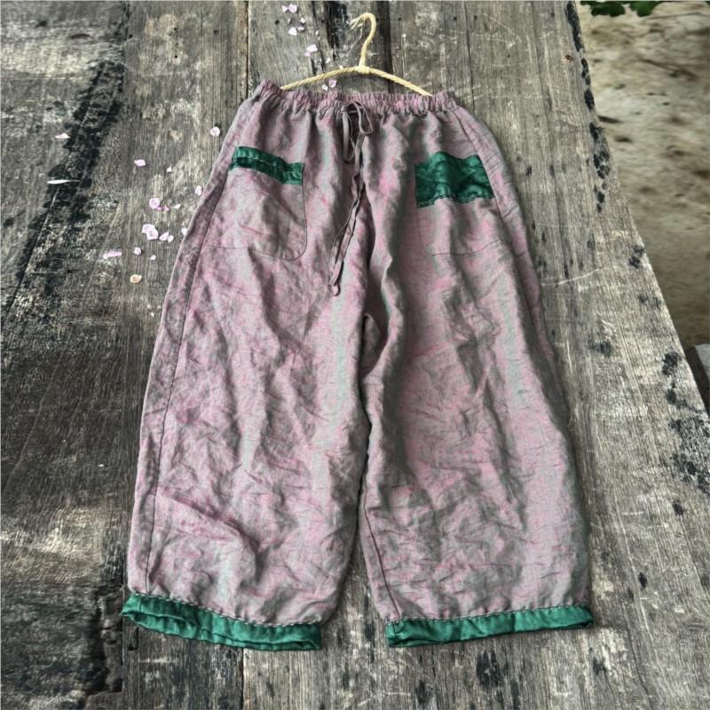 Johnature Women Vintage Wide Leg Pants Elastic Waist Patchwork Color Belt Trousers Autumn Loose Casual Pants