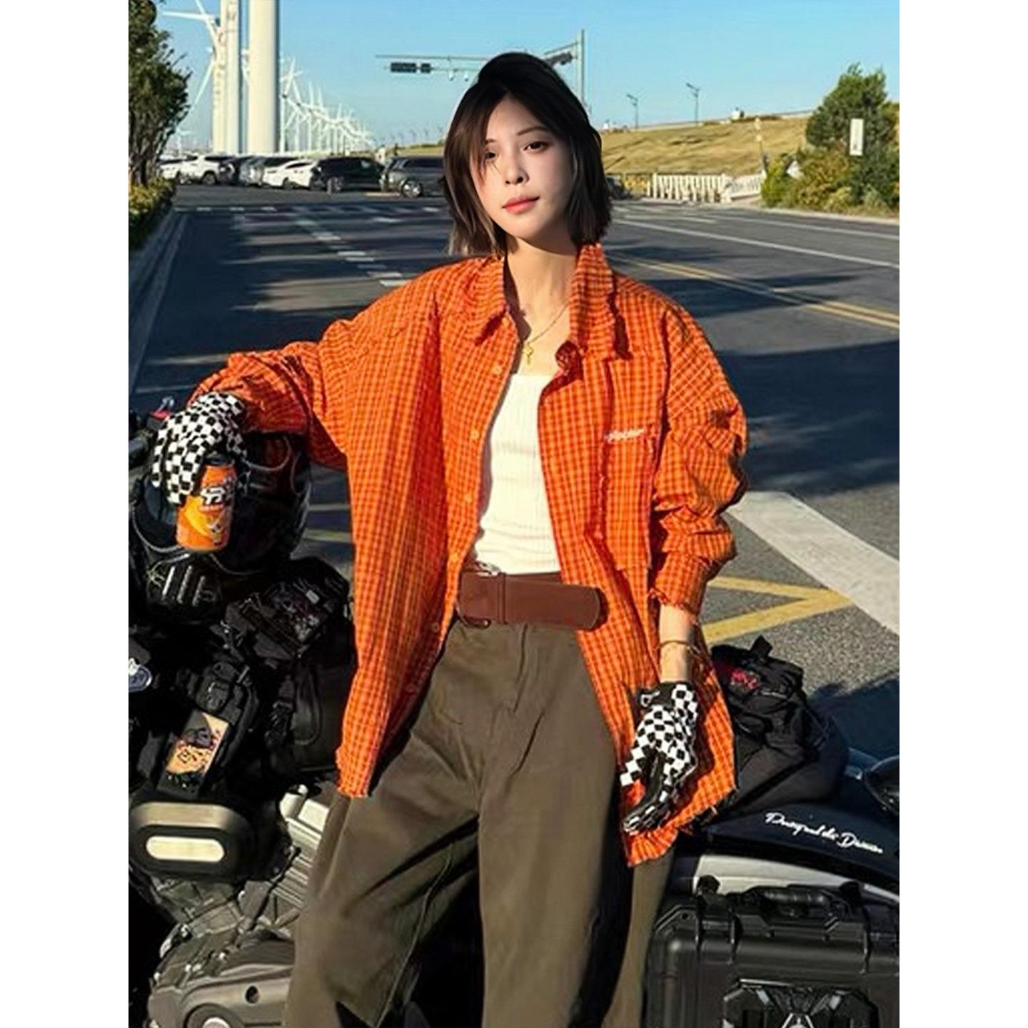 Унисекс Ретро Оранжевая Клетчатая Рубашка с Длинным Рукавом, Свободный Дизайн для Пары, Повседневная Куртка с Защитой от Солнца XL оранжевый