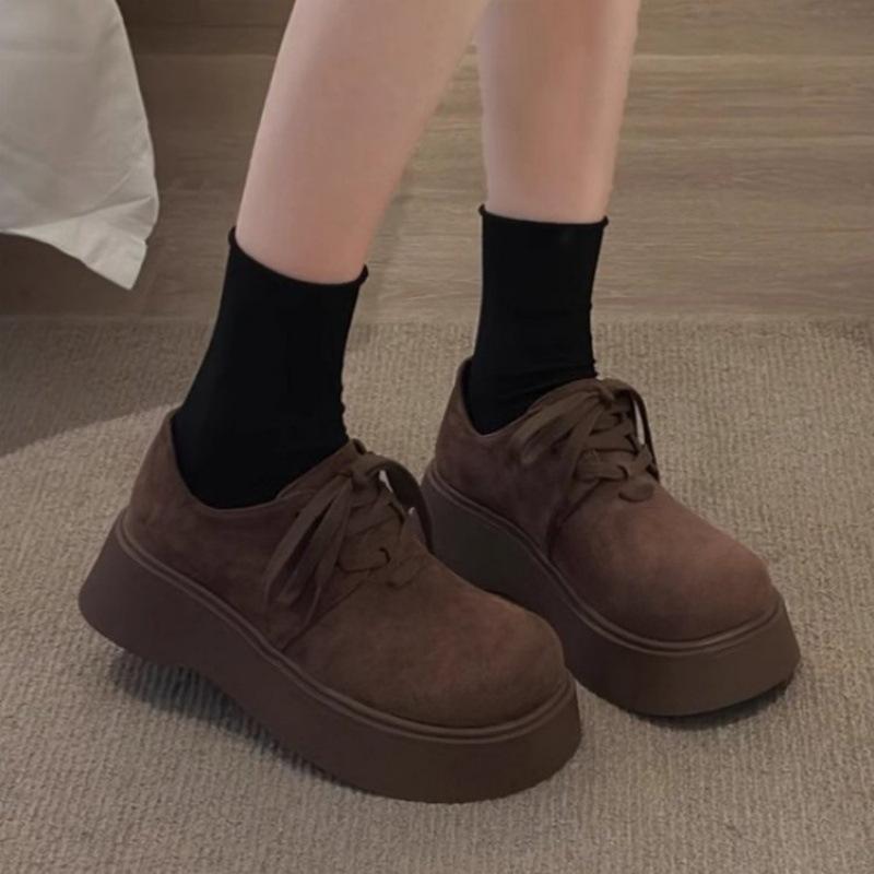 Retro Platform Shoes Women's New Spring and Autumn Small Man Height Increase Muffin Round Head Lace-up Single Shoes