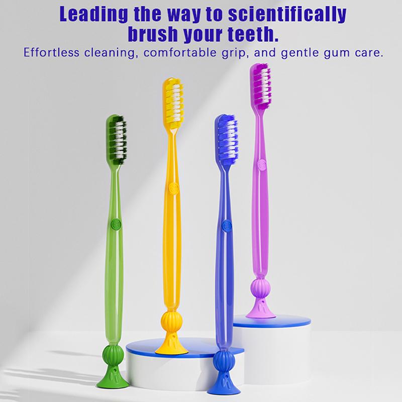 Extra-Long Brush Head Antibacterial Soft Bristle Toothbrush With Non-Slip Handle And Suction Cup Base Upright Design