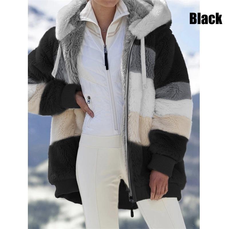 New Winter Women's Fashion Jacket Hooded Warm Plush Loose Jacket for Women Patchwork Winter Outerwear Faux Fur Zipper Ladies Parka Coat Plus Size
