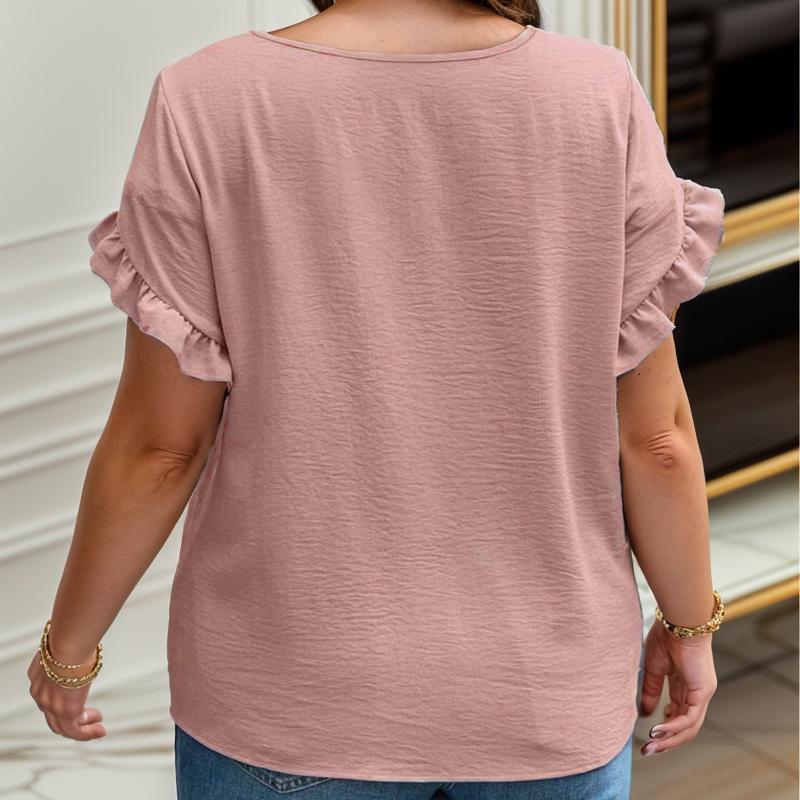 Plus Size European and American Cross Border Women's Solid Color Casual Round Neck Chiffon T-shirt