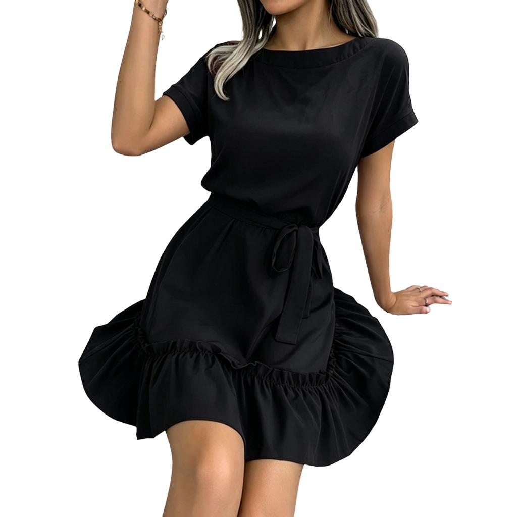 Women's Short Sleeve Ruffle Trim Dress with Self-Tie Waist for Summer Casual Wear
