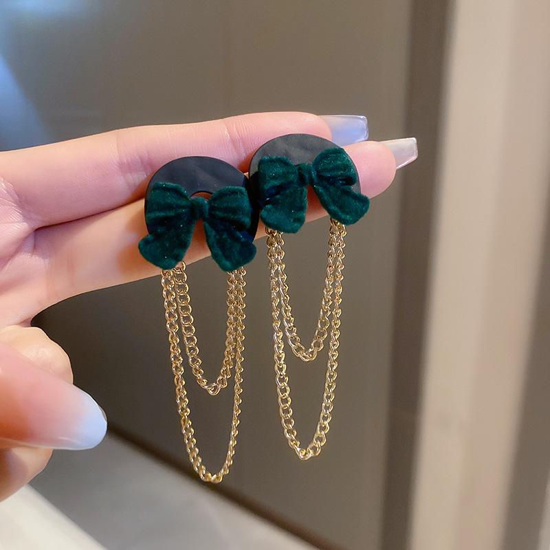 Черные Серьги с Жемчужной Бахромой и Бантом Французские Легкая Роскошь Серьги Серьги Серьги-Подвески