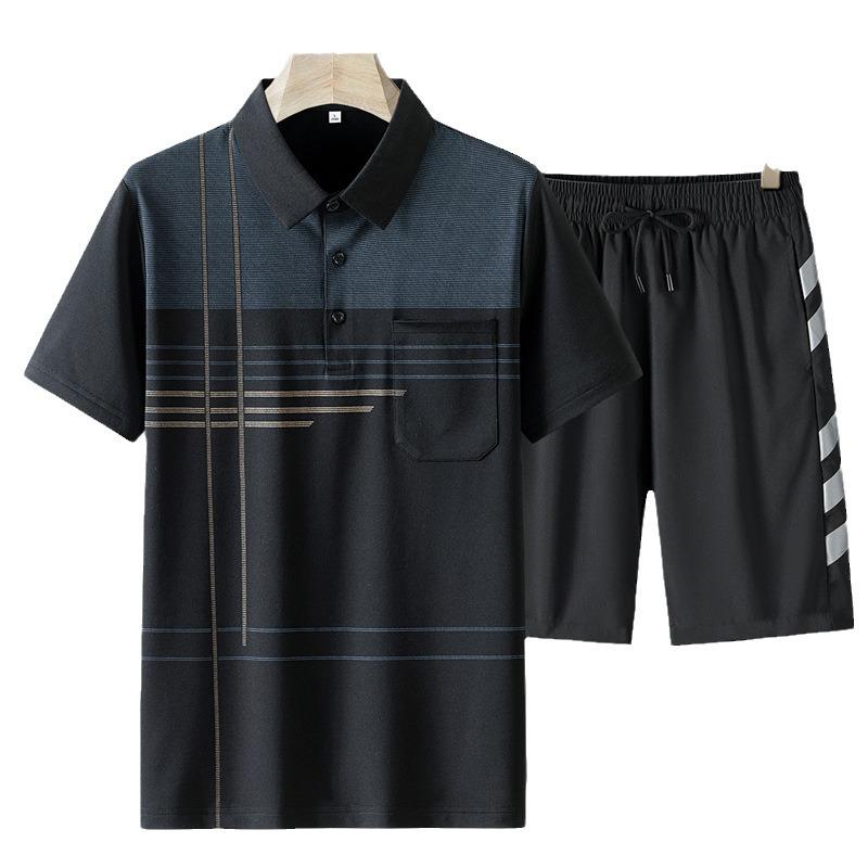 Men's Summer Ice Silk Casual Two-Piece Set: Short-Sleeved Shirt and Loose Shorts for Middle-Aged and Elderly