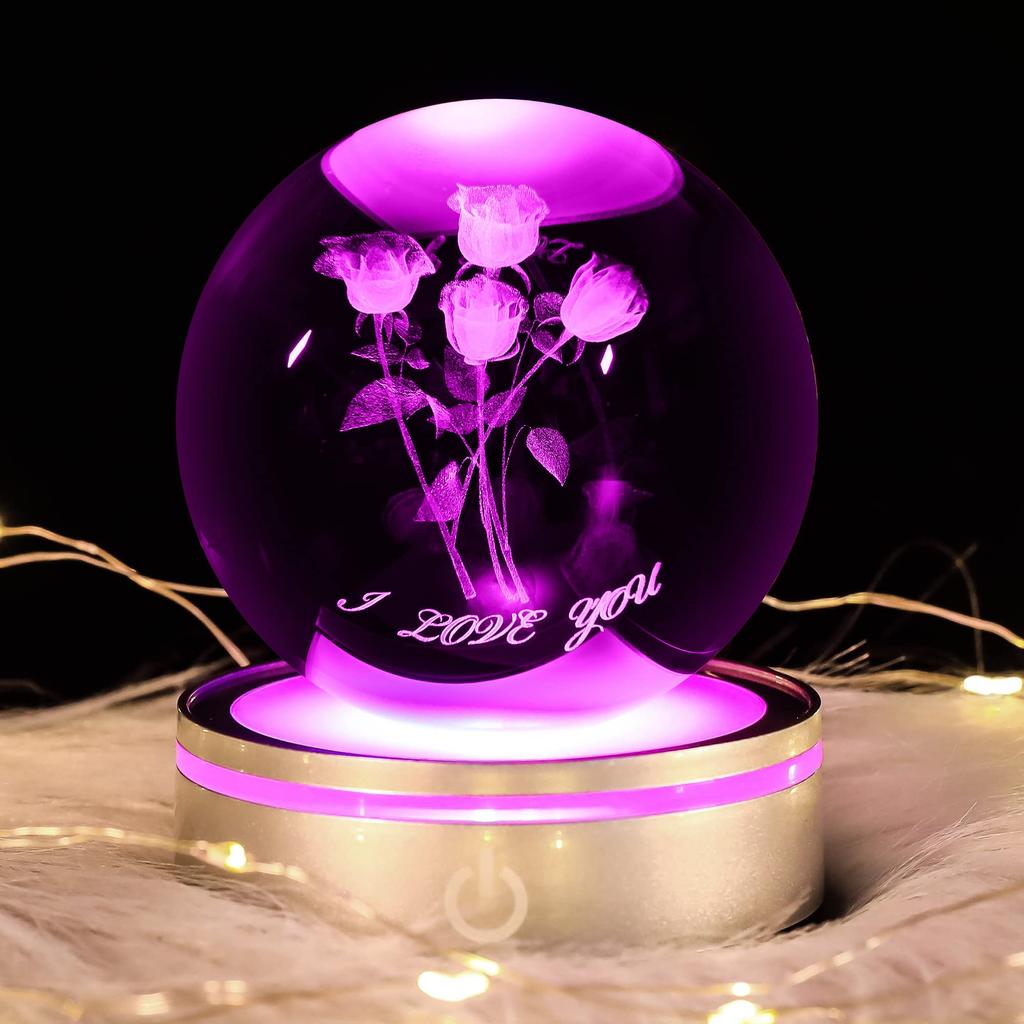 3D Crystal Ball Rose with LED Multicolor Changing Relaxing Birthday Night Ambient Crystal Gift for Wedding School Entrance Party Decoration Light,