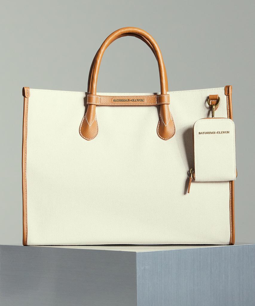 Saturday Eleven Two-Tone Canvas Leather Bridge Tote Bag _ Brown Ivory