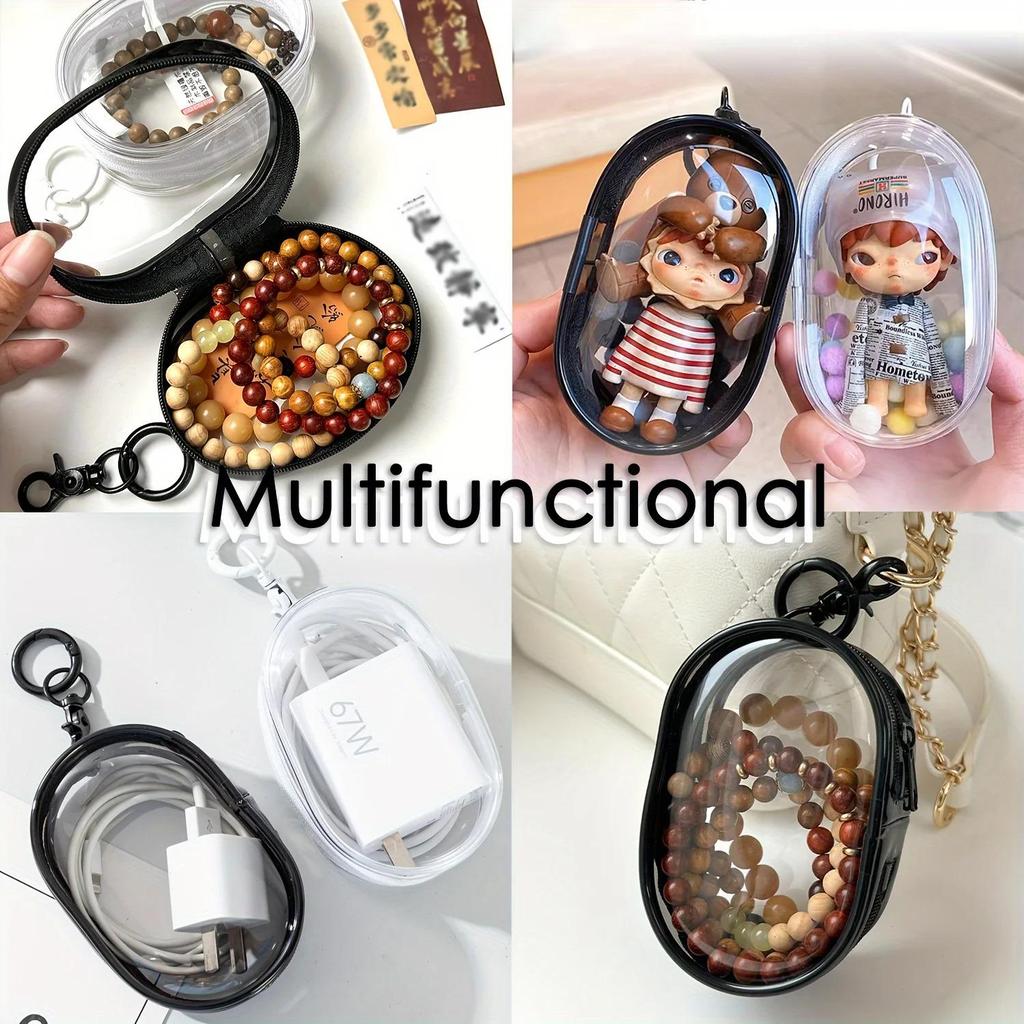 Mini transparent PVC storage bag with zipper and key loop for headphones and chargers