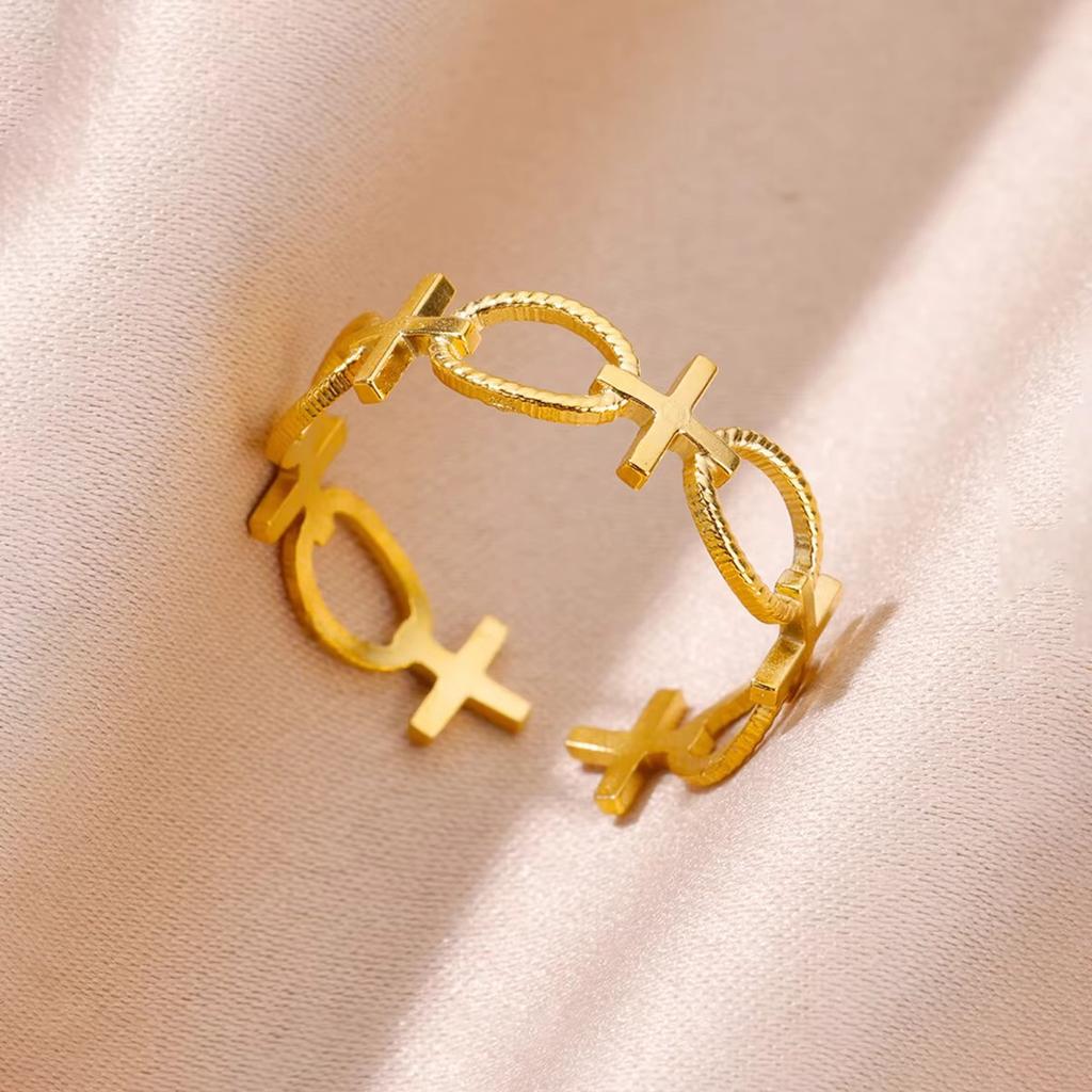 Stainless Steel Cross Rings For Women Vintage Gold Color Opening Cross Finger Ring Party Wedding Jewelry Gift Anillos Mujer