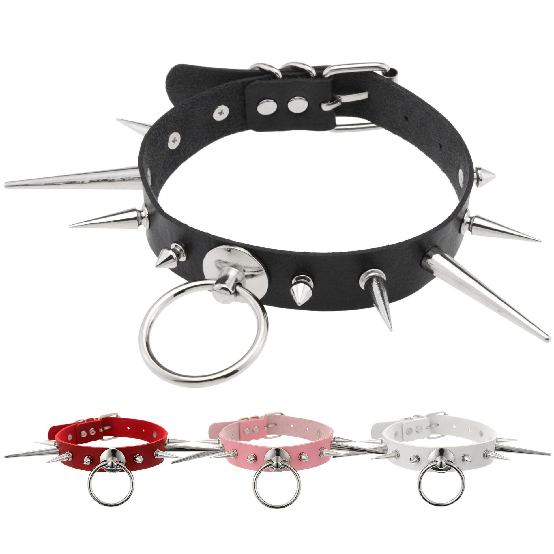 Yiran Sexy Lingerie Women's Punk Long Spike Choker Faux Leather Collar For Men Cool Big Rivets Studded Chocker Goth Circle Pendant Necklace Accessorie