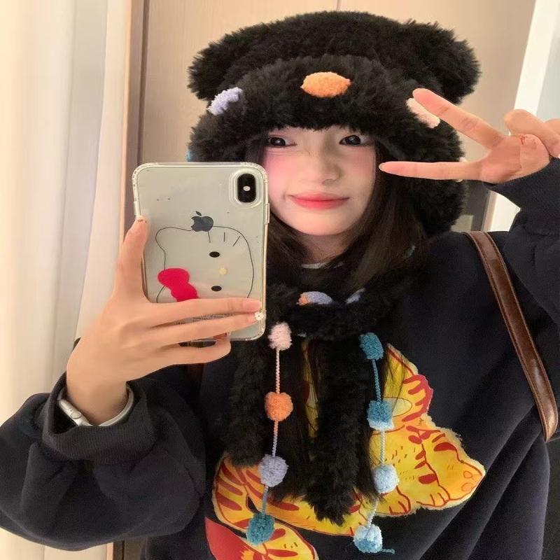 2025 Popular Cute And Fluffy Versatile Little Bear Ear Hat For Women'S Warm Autumn And Winter Colorful Lace-Up Knitted Hat