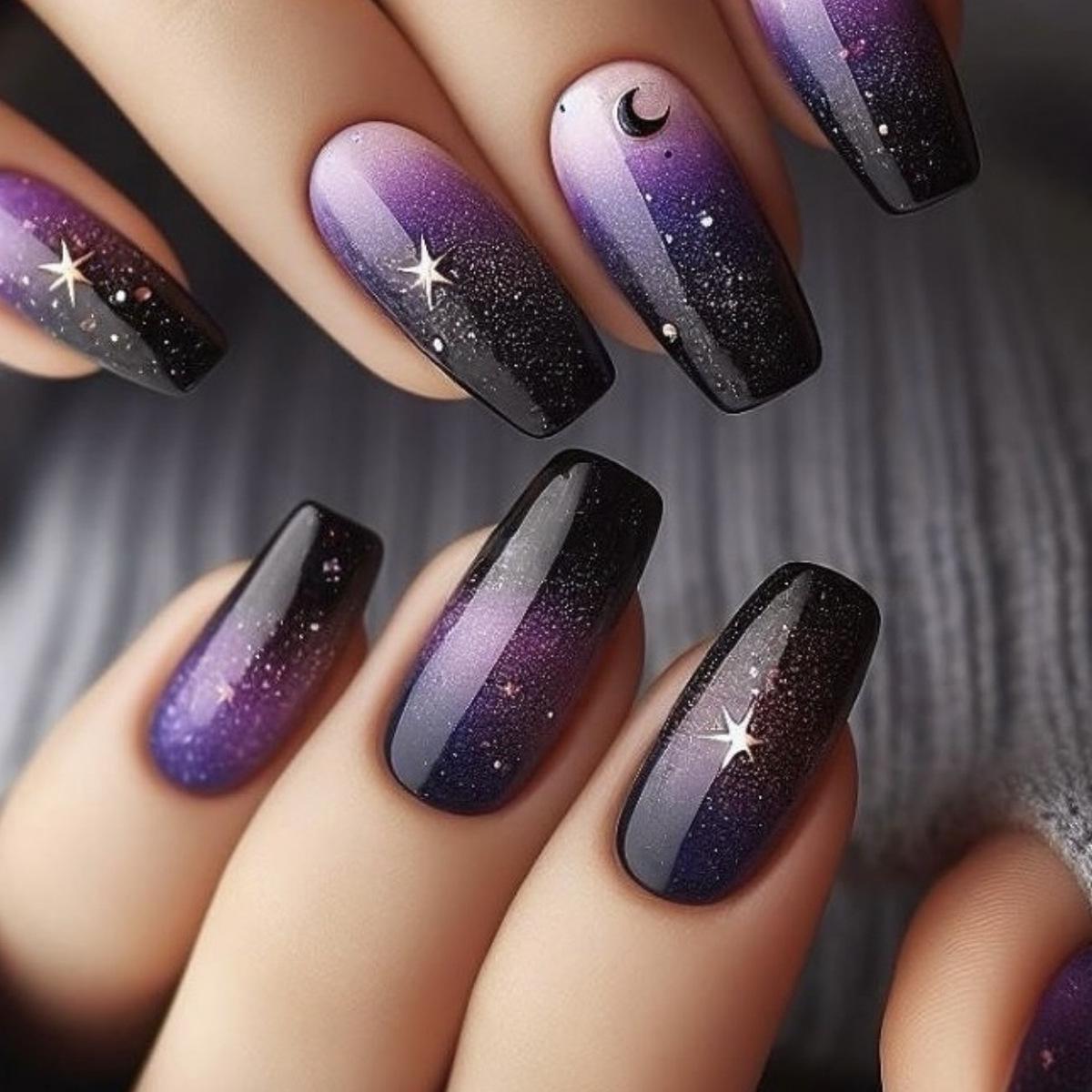 

Gradient Black Purple Ombre Press-On Nails with Star Moon Design