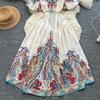 Summer Women Plus Size Turn-down Collar Lantern Sleeve Vintage Print Shirt Loose Lace-up Dresses