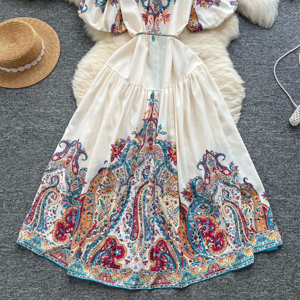 Summer Women Plus Size Turn-down Collar Lantern Sleeve Vintage Print Shirt Loose Lace-up Dresses