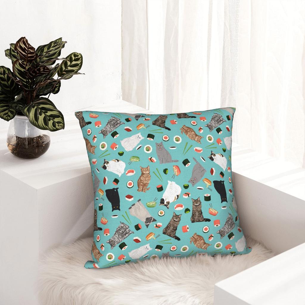 Cat Sushi Pillowcase Printed Polyester Cushion Cover Decor Animal Pillow Case Cover Home Square 40*40Cm
