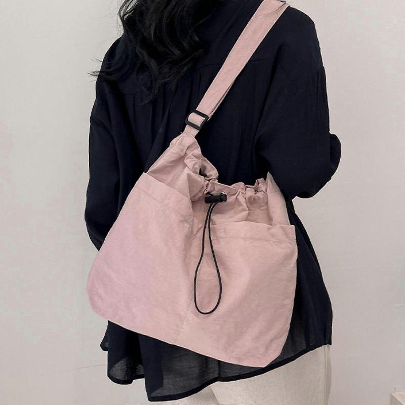 Canvas Large Capacity Adjustable Shoulder Bag for Casual Travel Solid Color Lightweight Drawstrings Crossbody Bag Purse  Ivory