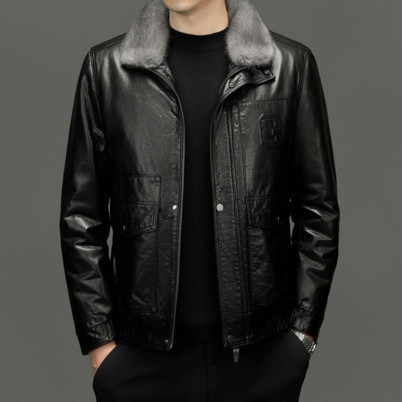 Winter leather leather jacket men's cowhide top leather locomotive mink hair liner jacket