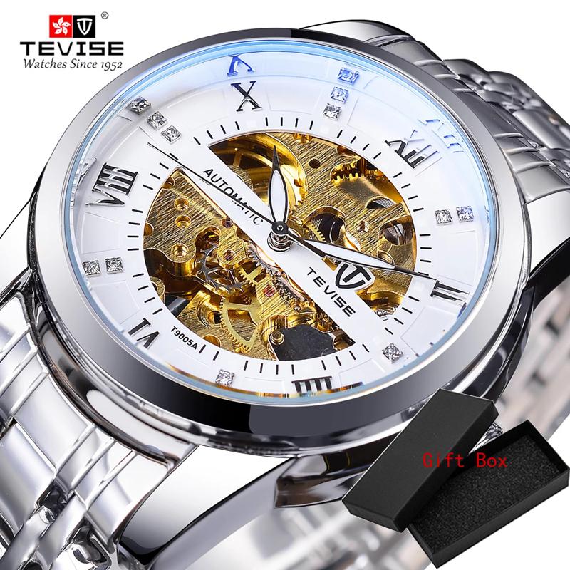 Fashion Tevise Retro Diamond Design Black Gold Mechanical Top Brand Automatic Full Steel Luxury Skeleton Waterproof Wrist Watch