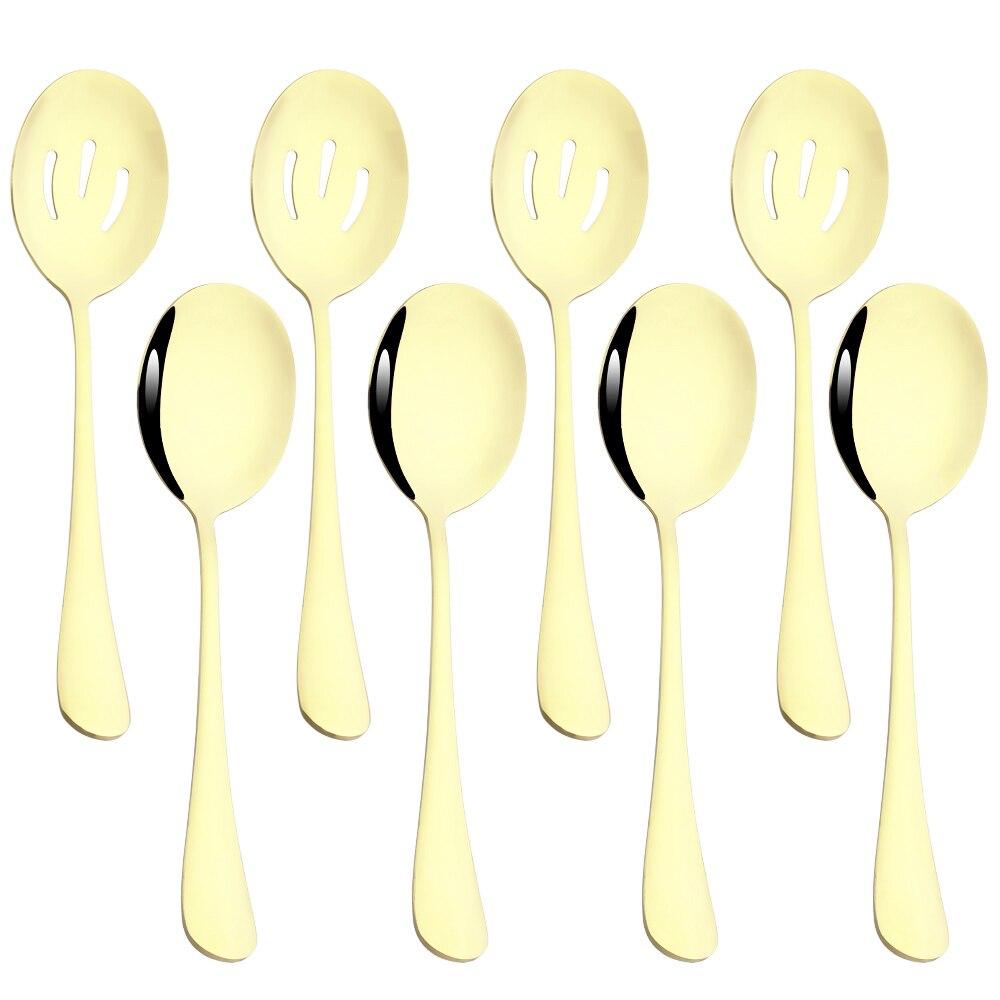 Gold Dinnerware Set Buffet Dinner Restaurant 8Pcs Service Spoon Colander Stainless Steel Cutlery Set Silver Mirror Tableware Set