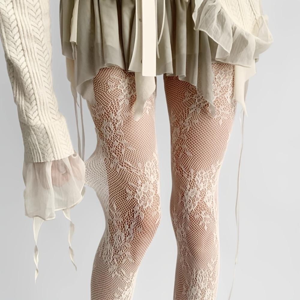 Spitzenblumen-Bodenstrümpfe Damen Gothic Weißes Netz Ausgeschnittene Strumpfhosen Florales Rattan Strumpf Klassische Sexy Spitze Strumpfhosen One Size gray