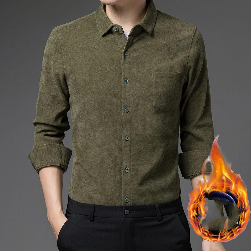 Men's Autumn and Winter Thickened Vintage Shirt Casual Solid Color Long Sleeve Shirt