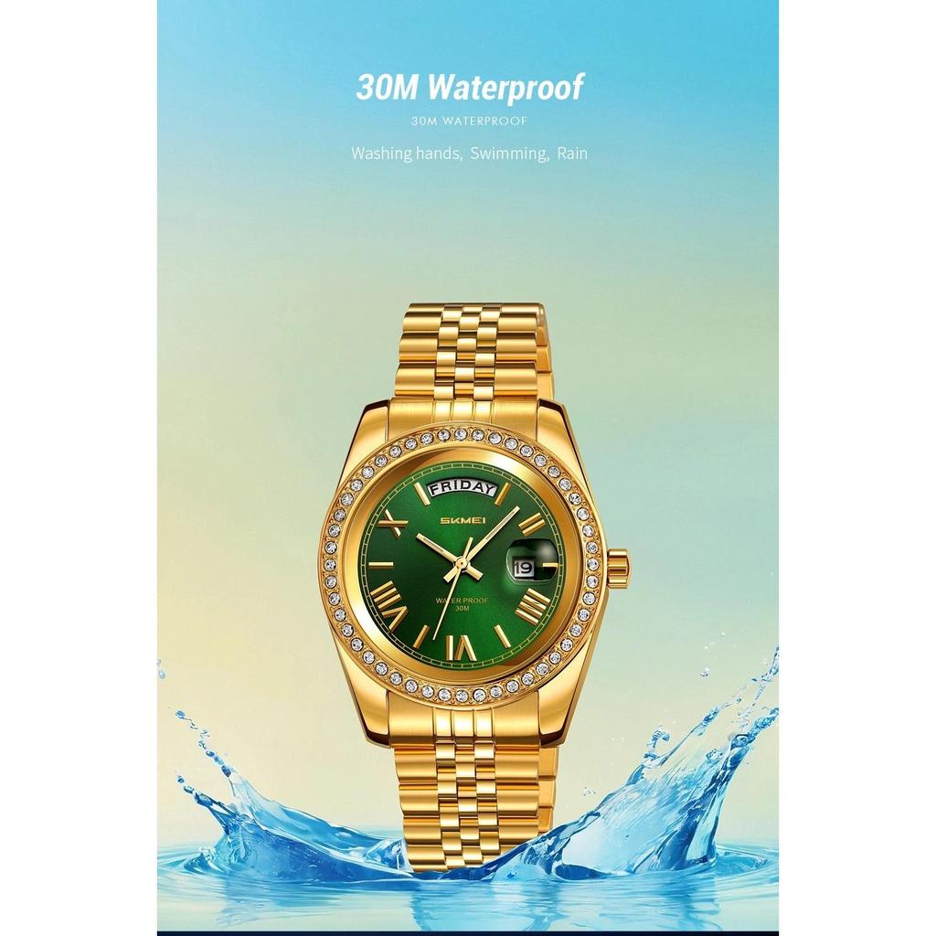 Mens Analog Quartz Watch Diamond Encrusted Bezel Day & Date Display Waterproof Stainless Steel Band