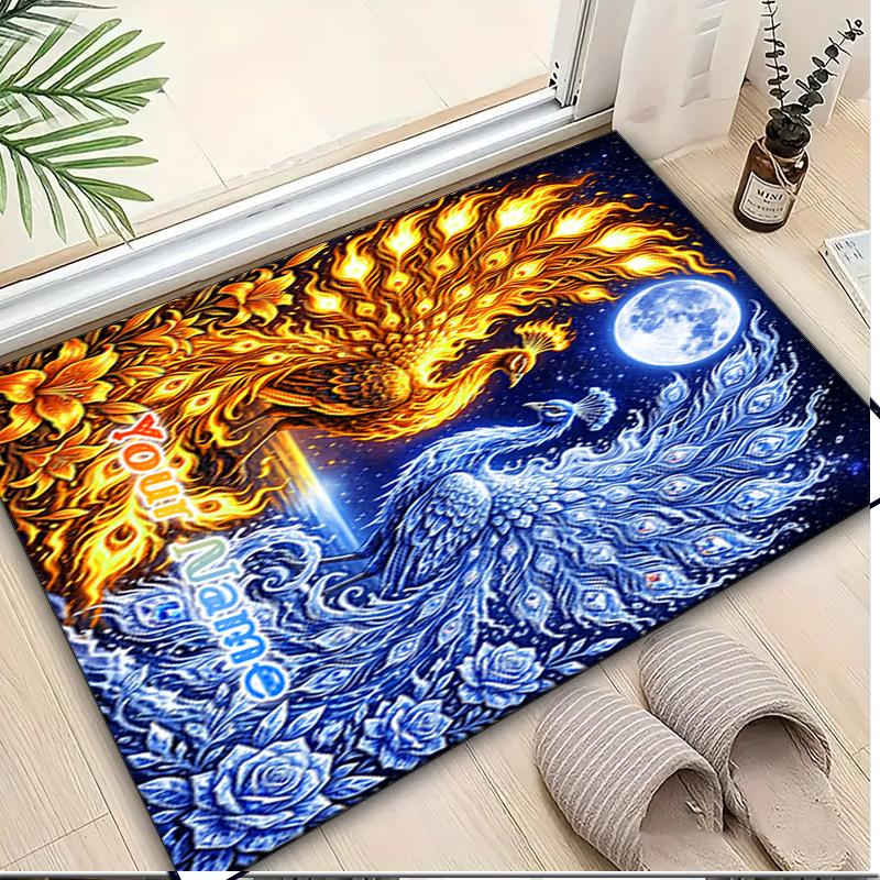 1PC Custom Name Golden Phoenix Blue Peacock Theme Floor Mat Ideal for Living Room, Game Rooms, Office, Bedroom,Floor Mat Playful Design