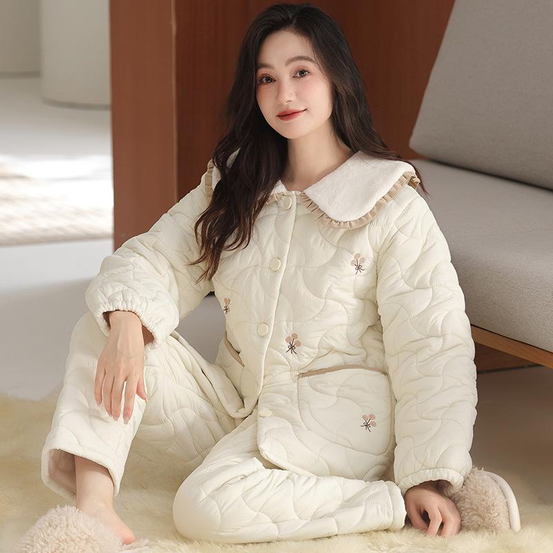 Three-layer Thickened Pajamas Women's Coral Fleece Padded Cotton Loose Warm Loungewear Flannel Fleece Winter Padded Jacket Set