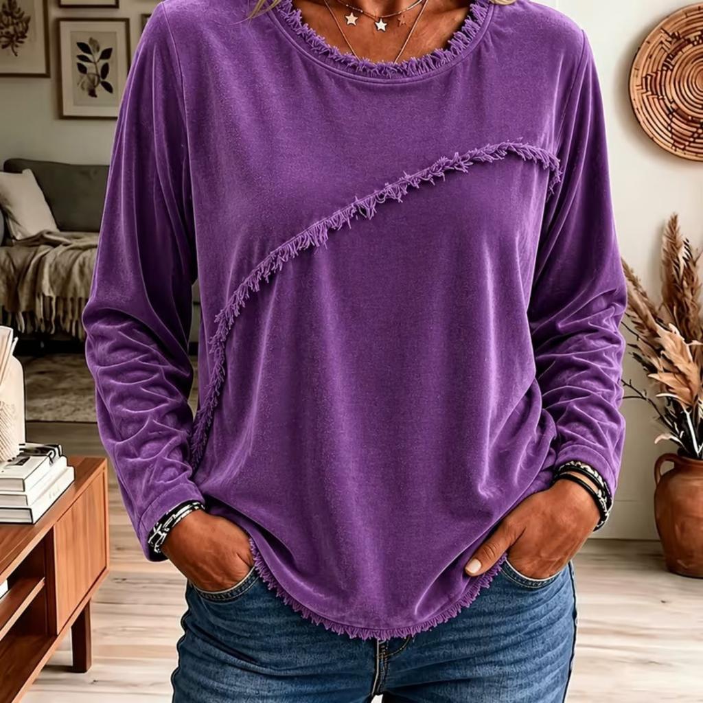 Women's European & American Style Velvet Patchwork Tassel Crew Neck Long Sleeve Top