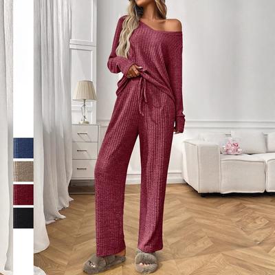 Pit Striped Nightgowns Round Neck Long Sleeved Pants Home Suit Women's Nightgowns & Sleepshirts